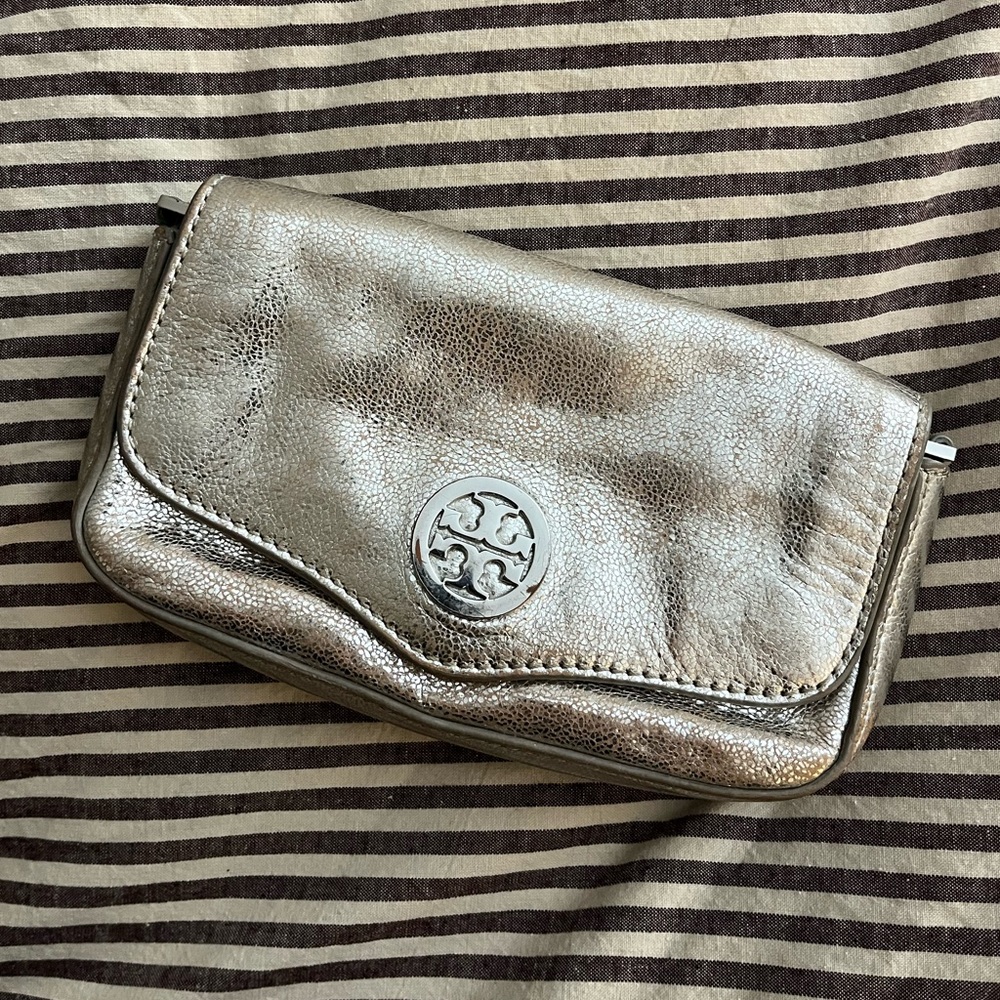 Tory Burch Metallic Taupe Leather Flap Wristlet